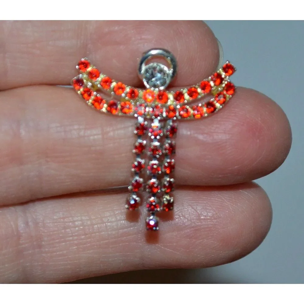 Vintage Silver Tone Jeweled Angel‎ Tac Pin Red Rhinestones & 1 Clear  1.25